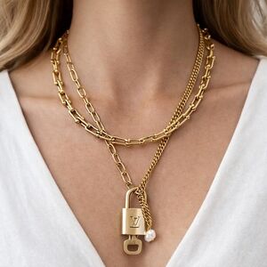 Authentic Louis Vuitton Gold Padlock w/ Unbranded Fashion Stainless Steel Chain